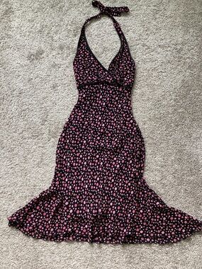 Vintage 90s Y2k Rouge Babydoll Bias cut halter Polka dot Flowy Rayon Dress M